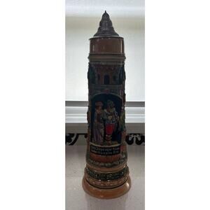 RARE VINTAGE 4 LITER GERZ 22” TALL, "TOWER WITH STROLLING COUPLE" GERMAN STEIN